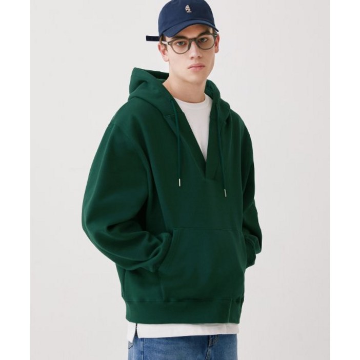 TRILLION 브이넥 오버핏 레이어드 후디 (GREEN)