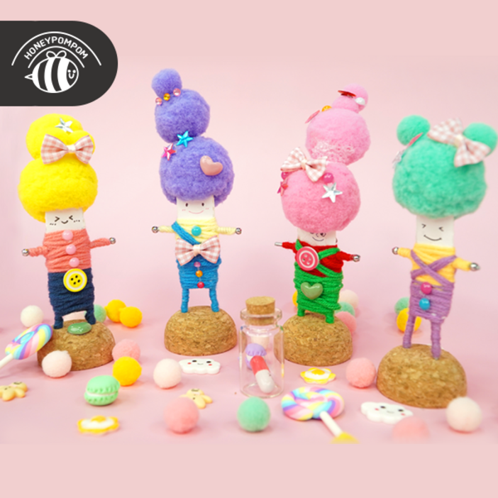 허니폼폼 걱정인형 친구들 DIY 4종세트, 1세트, 노란색머리,민트색머리,핑크색머리,보라색머리 허니폼폼 걱정인형 친구들 DIY 4종세트, 1세트, 노란색머리,민트색머리,핑크색머리,보라색머리