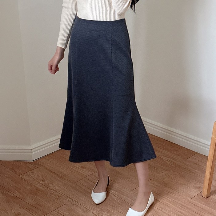 이푼아이 하운드 투스 체크 롱 머메이드 스커트 스판 플레어 치마