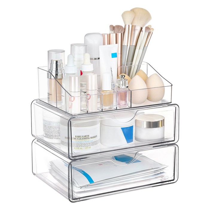 Vtopmart 아크릴 대용량 화장품 정리함 투명색 2단 1세트, 분명한, 3