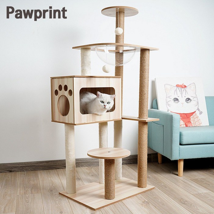 Pawprint 캣타워 고양이 스크래쳐, 다층 구조로 다양한 놀이와 휴식 공간 제공, 고양이 스트레스 해소 및 활력 증진, 안정적인 원목 구조로 견고함, 대형 및 소형 고양이 모두