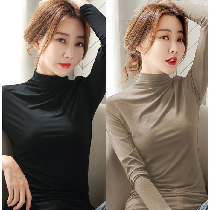 [1+1 2장] 봄 가을 겨울 여성 스판 하이넥 이너티 슬림 긴팔 티셔츠