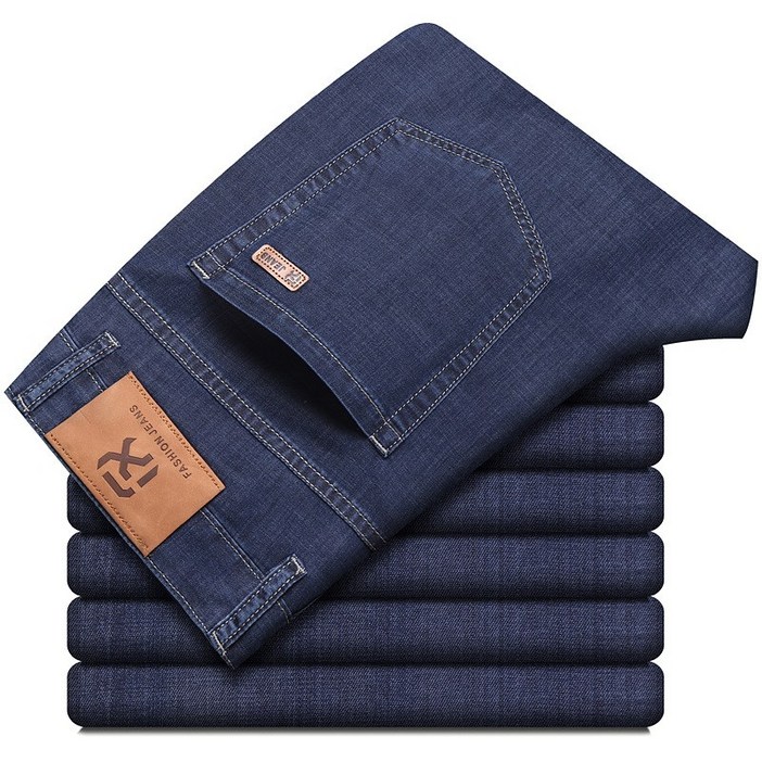 광저우 데님 공급 새로운 여름 단색 스트레치 청바지 남성용 얇은 플러스 지방 플러스 사이즈 스트레이트 바지