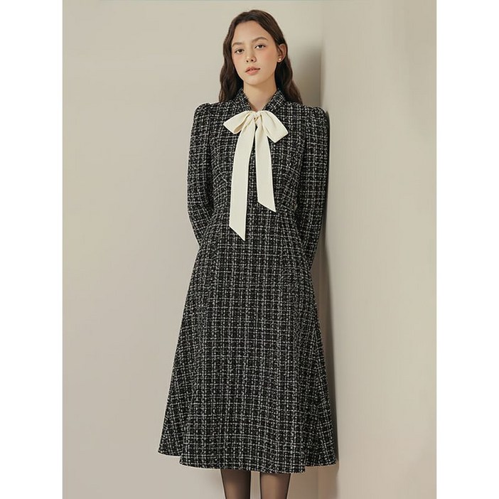 JJ지고트 배색 타이 트위드 플레어 원피스 GPBP0OP111