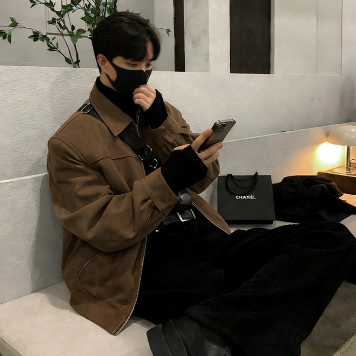 ANYOU 남성 스웨이드 숏 자켓 루즈핏 캐주얼 점퍼