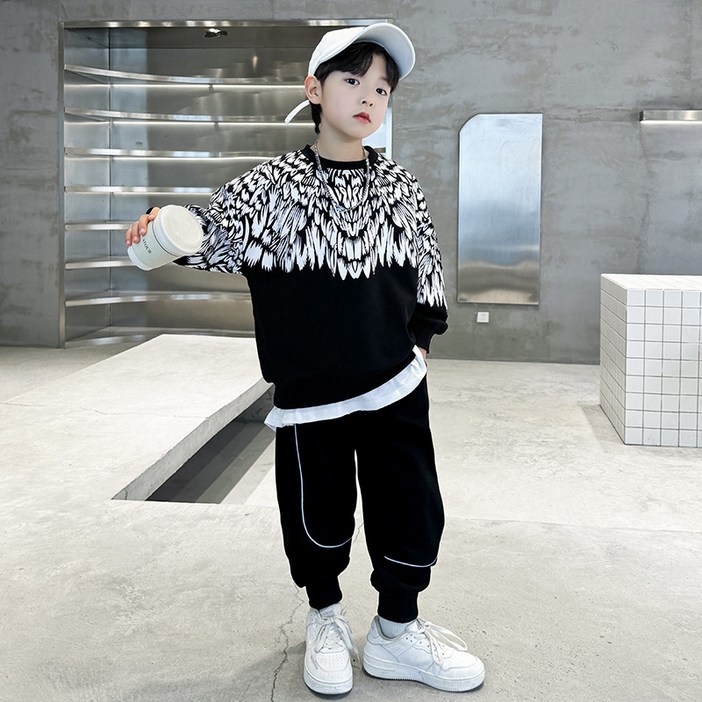 SunburstWonder 아동 가을 남아 세트 중 주니어 캐주얼 와이드 맨투맨 긴바지 쿨러닝 투피스