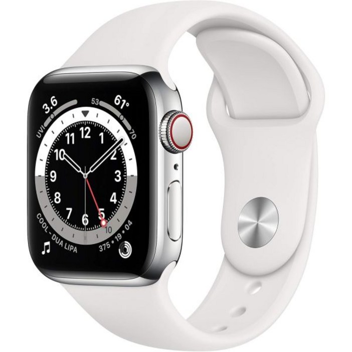 Apple Watch 시리즈 6(GPS + 셀룰러, 40mm) - 흰색 스포츠 밴드가 있는 실버 스테인리스 스틸 케이스(갱신)
