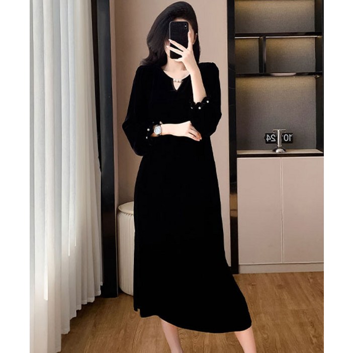 루씨앤 리벨 벨벳 S3XL,4XL 겨울 정장 하객룩 결혼식 빅사이즈 긴팔 슬림 여성 롱 원피스 9718