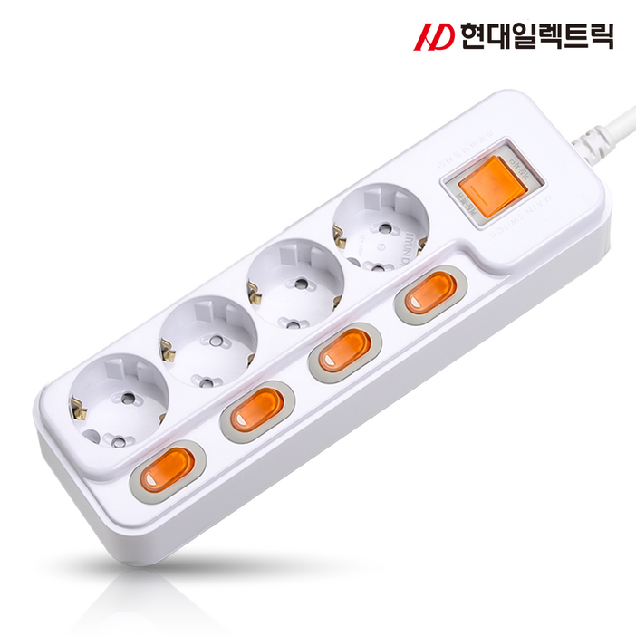 현대 국산 접지 개별 과부하차단 스위치 멀티탭 멀티콘센트 4구 16A, 1개, 화이트, 3m