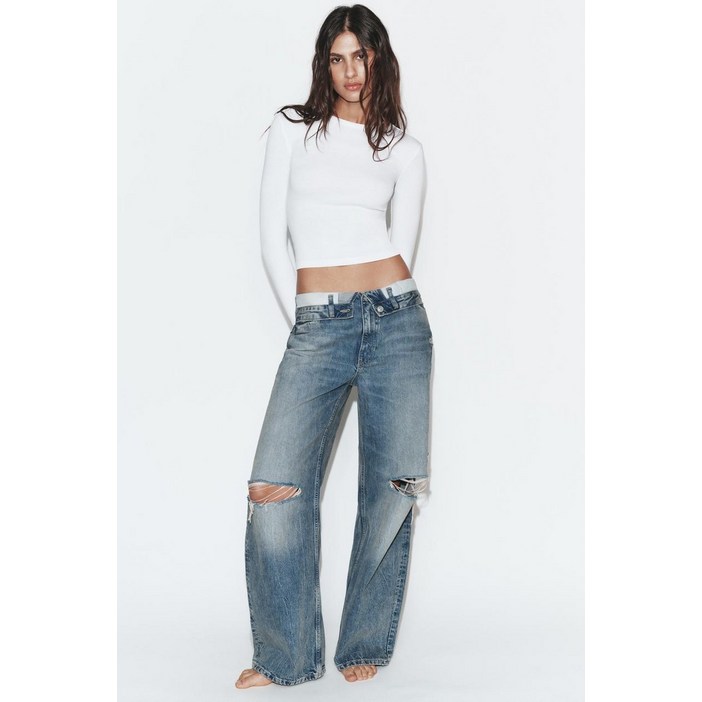 국내발송 자라 ZARA TRF 미드라이즈 롤업 웨이스트 청바지  블루