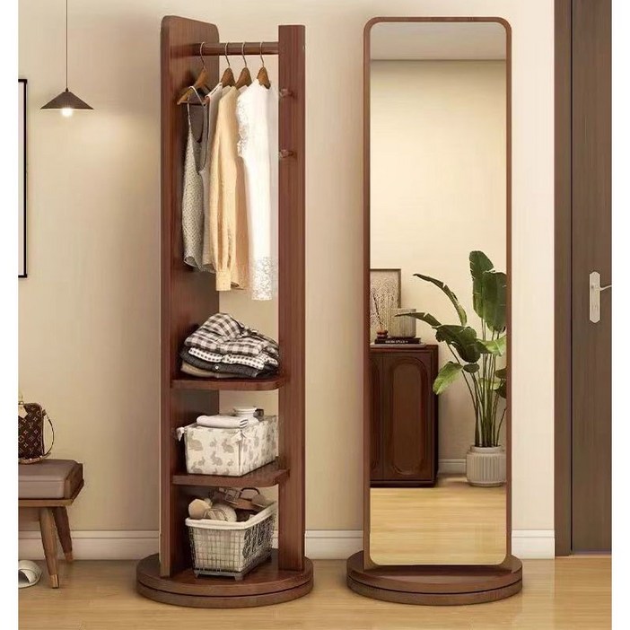 BYOU 다용도 회전식 전신거울 옷걸이행거 2단 수납 행거 1680, 호두색