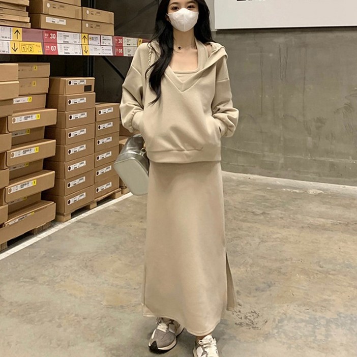 COSYEVNO 봄 맨투맨 원피스 세트 루즈핏 빅사이즈 패션 후드티+홀터넥 롱스커트 투피스