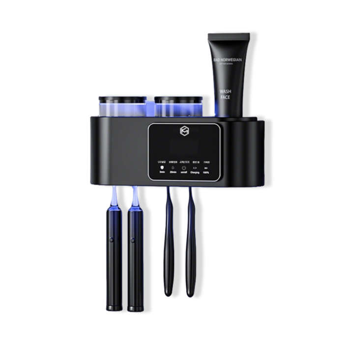 케이엠 무타공 설치 스마트 무선충전 가정용 살균 건조 양치컵세트 칫솔살균기, 블랙