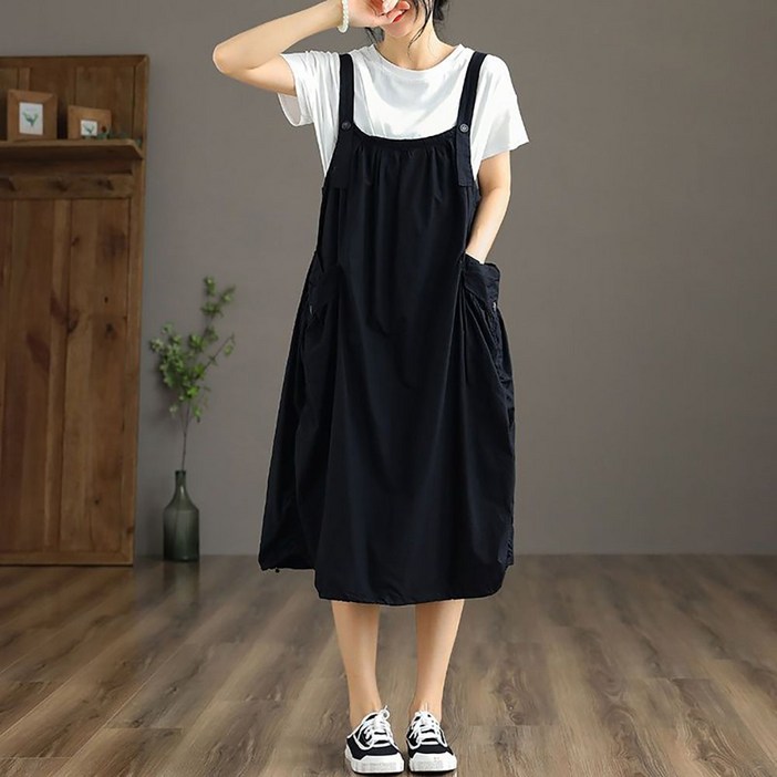 IWMAFT 여성 데님 멜빵 원피스 벌룬 실루엣 루즈핏 체형커버 포켓 디테일 데일리 캐주얼 FC535