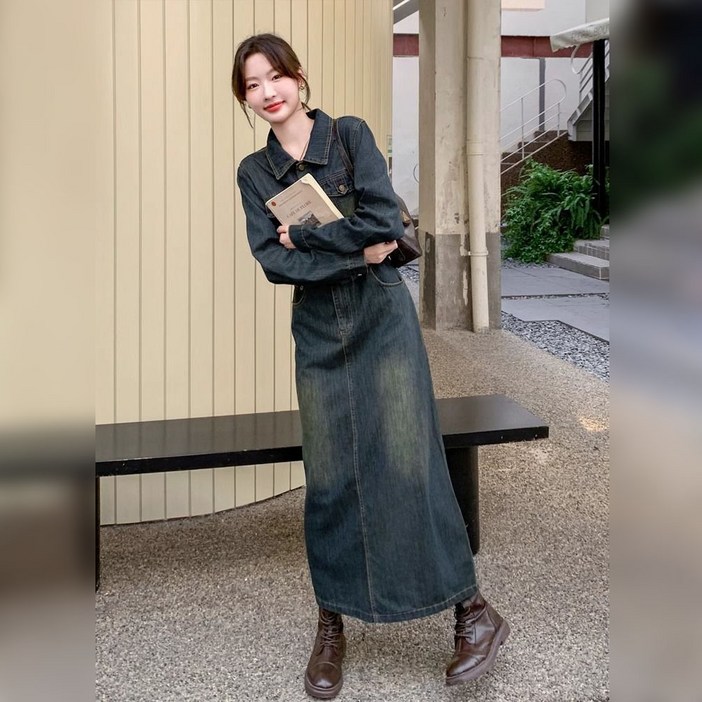 지고다그 여성 가을 데님 롱원피스 긴팔 카라넥 허리슬림 A라인 드레스 GJX3870