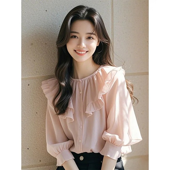 녕동 여성 프릴 블라우스 루즈핏 고급 긴팔 쉬폰 남방셔츠 하객룩 봄가을