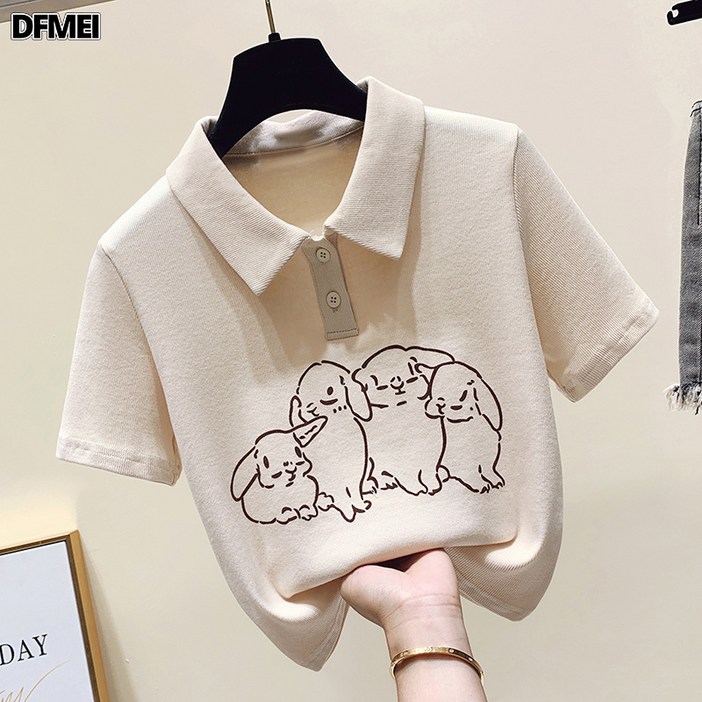 DFMEI 티셔츠 빈티지 반팔 카라 여자 상의