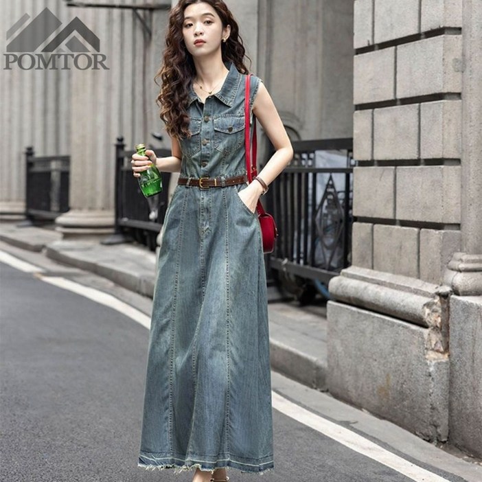 POMTOR 여성 민소매 A라인 캐주얼 루즈핏 데님 원피스