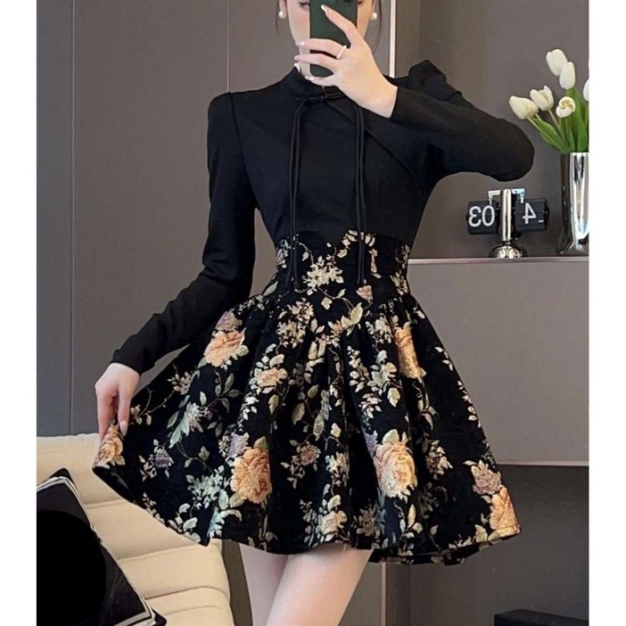 JIEVE 여성 가을 겨울 플로럴 프린트 긴소매 원피스 하이넥 귀여운 스타일 W18