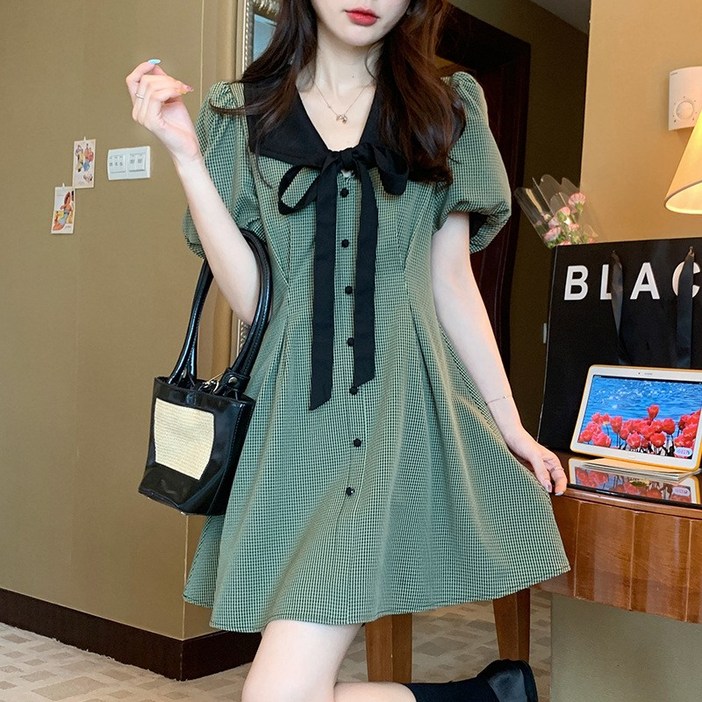 ANYOU 여성 여름 원피스 추천 그린 체크 리본 반팔 원피스 A라인 슬림핏 데일리룩 패션 하객룩 학원풍 빅사이즈 원피스