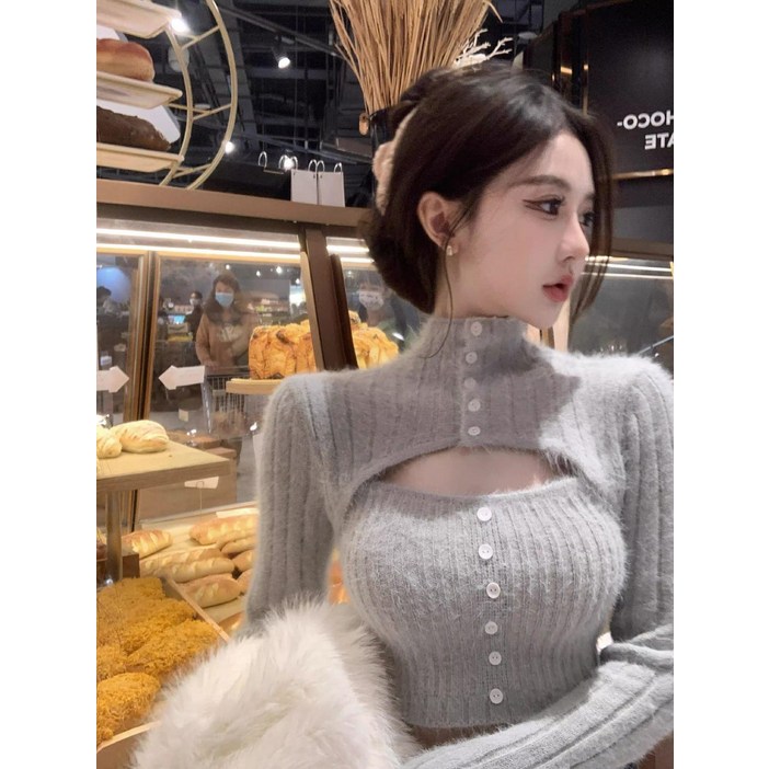 가슴 트임 니트 골지티 단추 데이트룩 여성