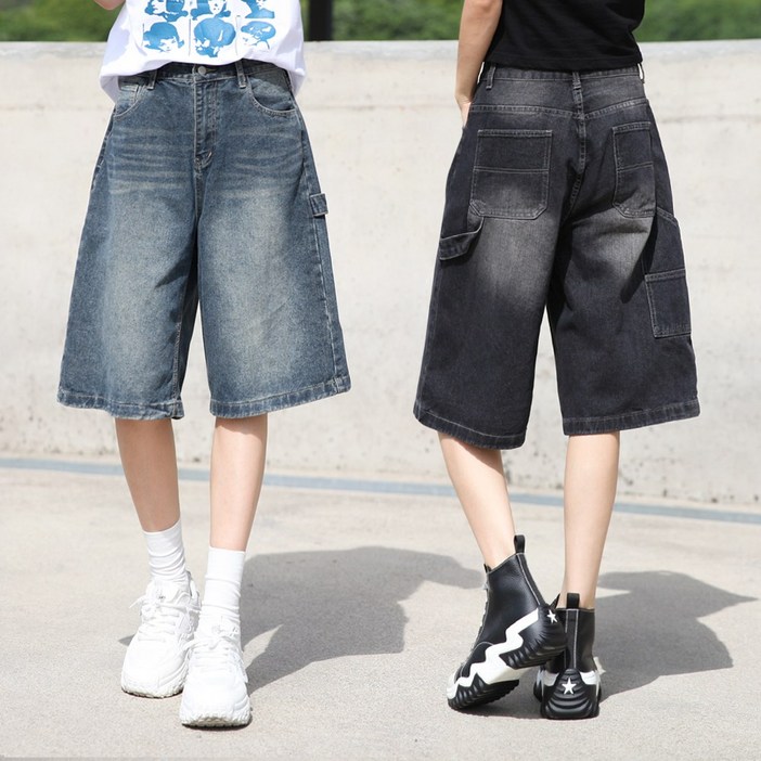 동대문스타일 여성 청반바지 카펜더 버뮤다 데님 팬츠 빈티지 워싱 여자 와이드 하프 데님