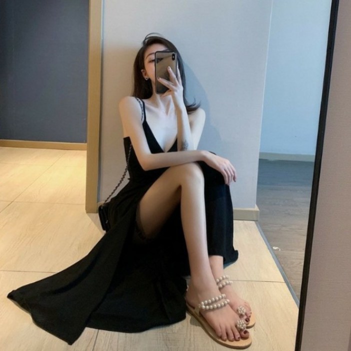 Haengbuk 여성 브이넥 사이드 슬릿 롱 원피스 슬림라인 끈나시 원피스2P