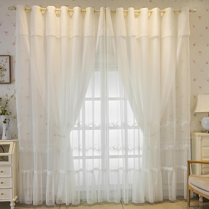 아일렛형 프렌치 자수 거실 암막 이중 커튼 2P