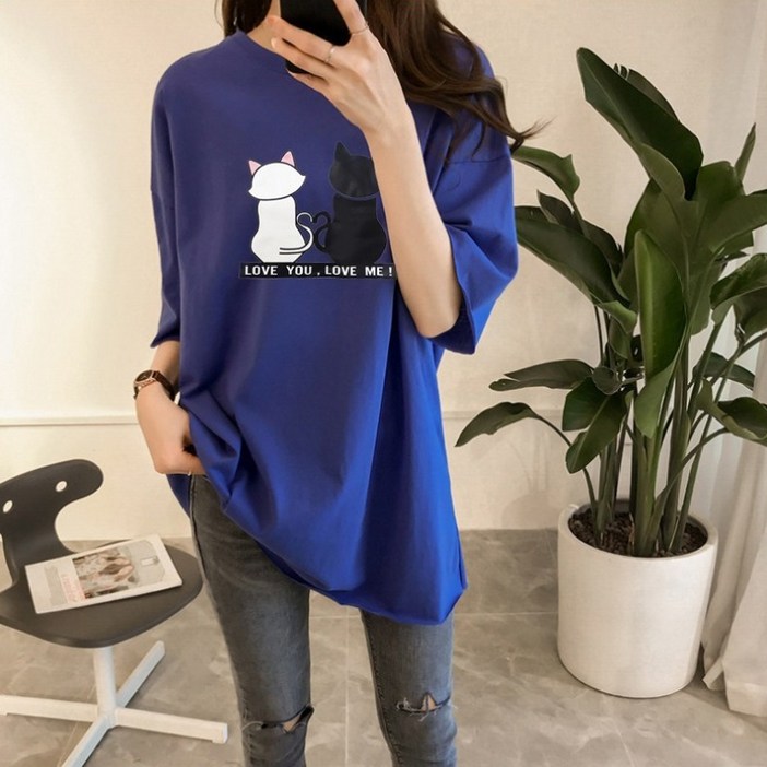 스타일아유 여성 고양이 오버핏 반팔 롱 티셔츠[AXG6TS913A]
