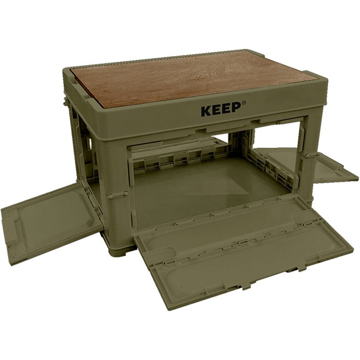 캠핑수납테이블 KEEP 캠핑 다용도 4면 멀티 오픈형 폴딩 박스 60L + 우드 상판 세트