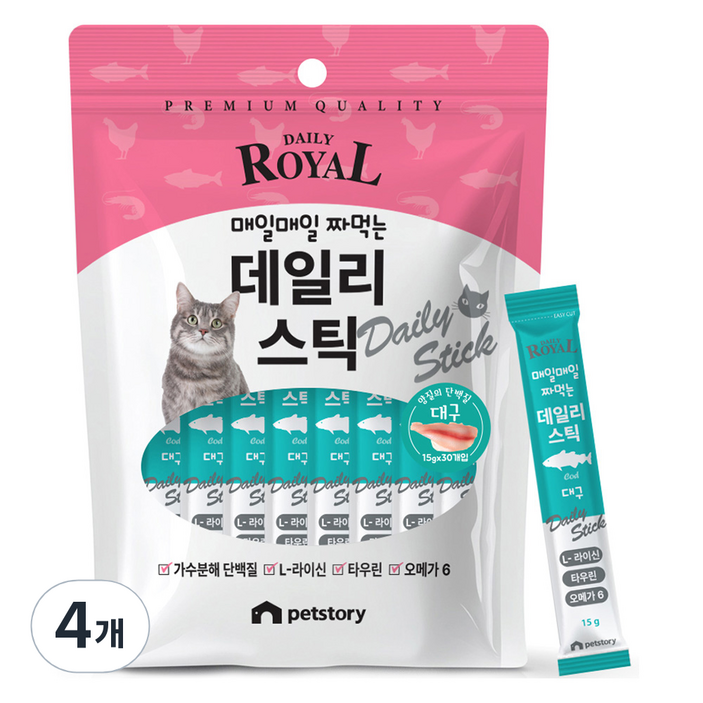 펫스토리 고양이 프리미엄 로얄 데일리스틱 짜먹이는 간식 30p, 대구, 450g, 4개