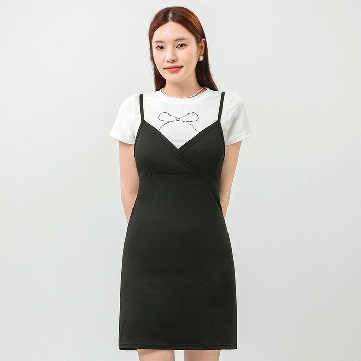 엘쏘 브이넥 뷔스티에 끈 나시 플라워 무지 & 미니 원피스