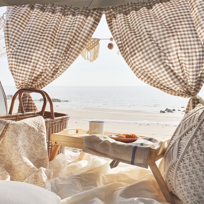 포홈 핸드메이드 선데이 체크 차박 커튼 2p  로프  파우치 세트