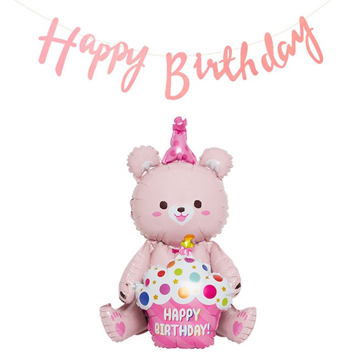 아기생일풍선 조이파티 스탠딩에어벌룬 생일곰 + 생일가랜드 캘리그래피 세트, 핑크(곰), 핑크(가랜드), 1세트