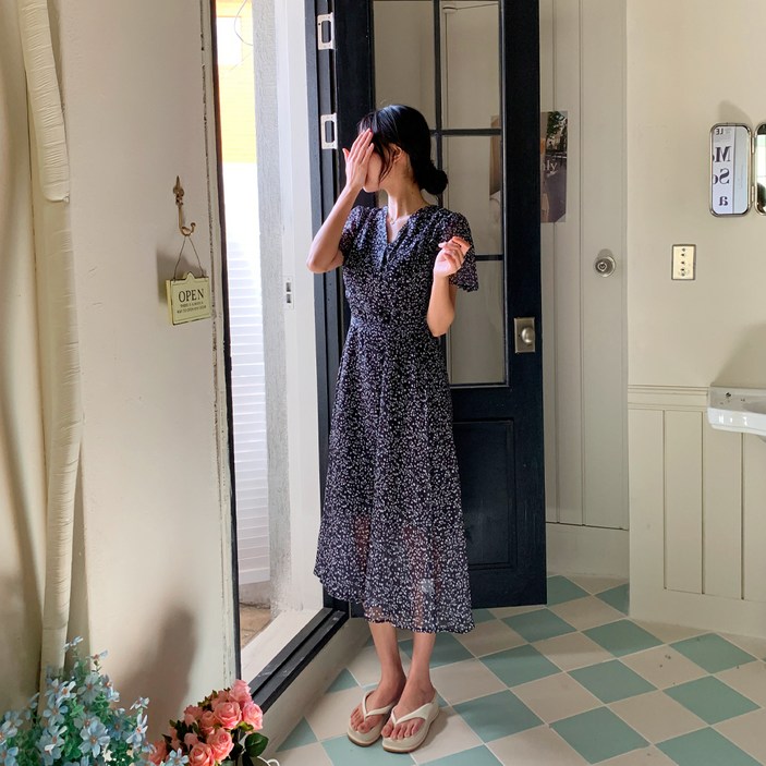 토마토팩토리 여성용 꽃가라 랩 플레어 반팔 쉬폰 롱 원피스