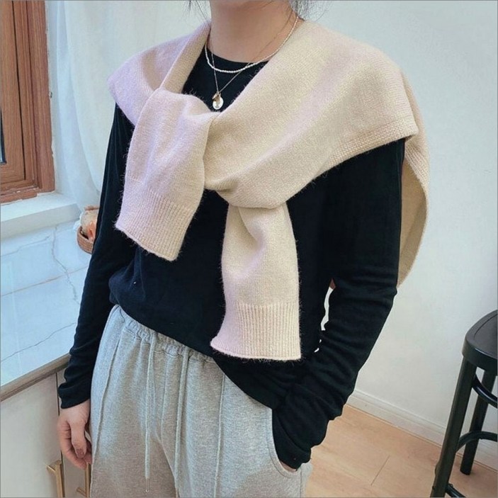 무지 페이크 레이어드 숄 어깨숄 케이프 가디건 니트 어부바
