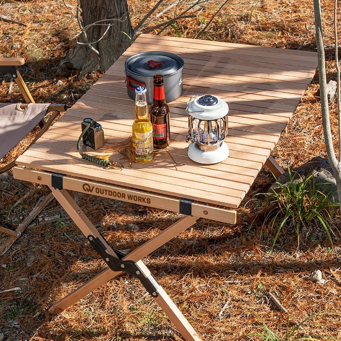 아웃도어웍스 캠핑 테이블 접이식 높이조절 원목 우드롤 캠핑용 롤테이블
