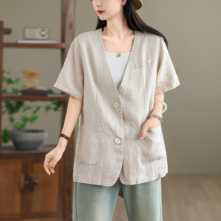여성 여름 반팔 재킷 정장 트위드 넥면과 짧은 린넨