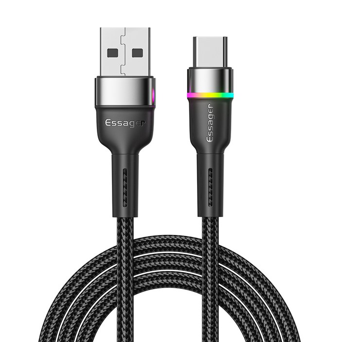 Essager USB C 케이블 3A 급속 충전 케이블LED, 1개, 2m, 블랙