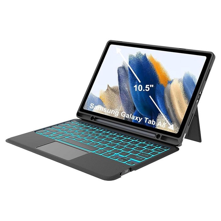 KVAGO 삼성 갤럭시 탭 A8 케이스 키보드 포함 10.5인치 멀티 터치 트랙패드 7가지 색상 백라이트 탈착식 마그네틱 폴리오 커버 S펜 홀더 2022 SMX200X205