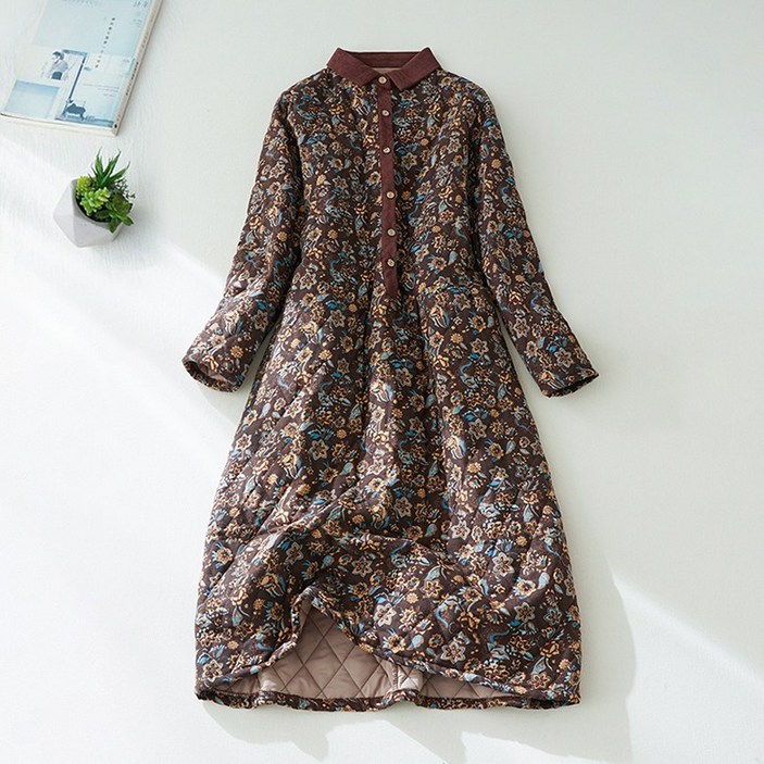 POMTOR 여성용 가을 겨울 롱 패딩 원피스 플라워 롱원피스 오버핏 패딩스커트 엄마옷 빅 사이즈 체형커버