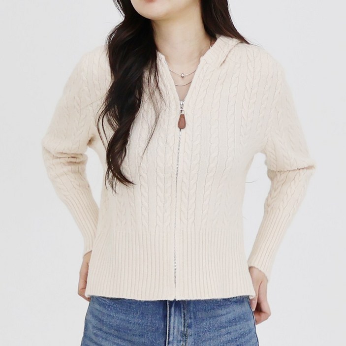 소일레 여성 스웨터 캐시미어 울 긴팔 꽈배기 니트 후드집업