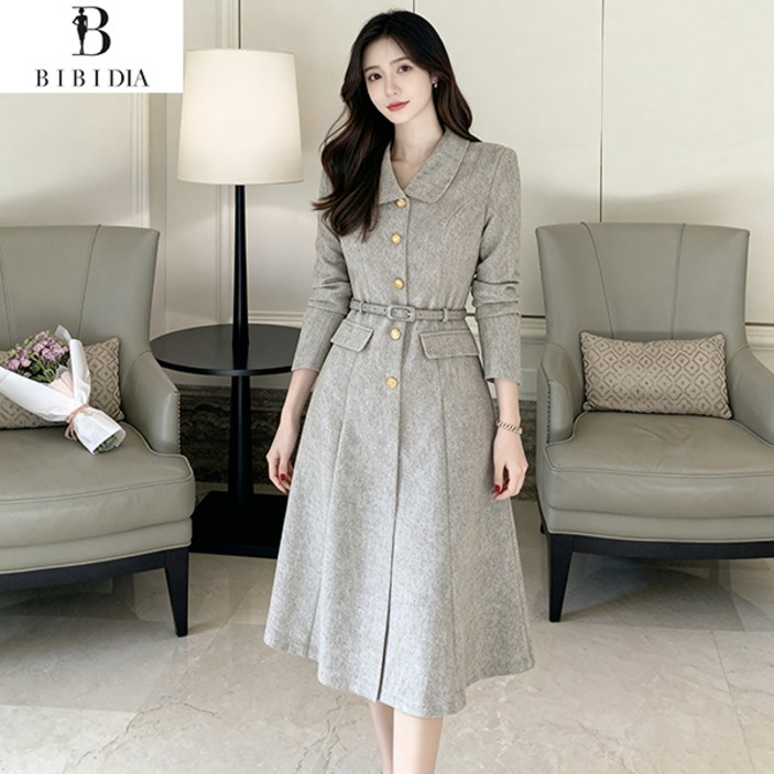 비비디아 여성 봄 가을 클래식 카라넥 금장버튼 플레어핏 하객룩 오피스룩 원피스 데일리룩(벨트포함)5573