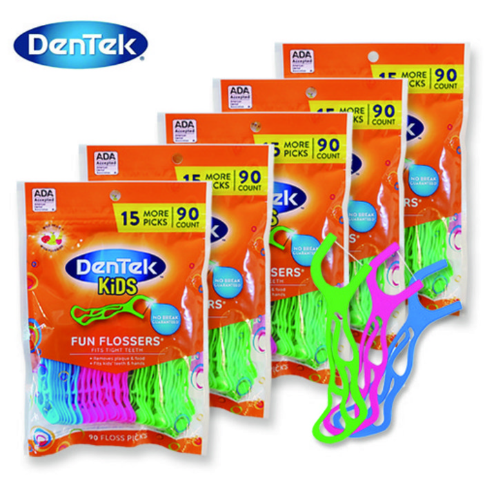 본사직영정품 덴텍 펀플로서 유아치실 90개입 x 5팩450개입  덴텍 어린이치실 3색 과일향, 90개입, 5개
