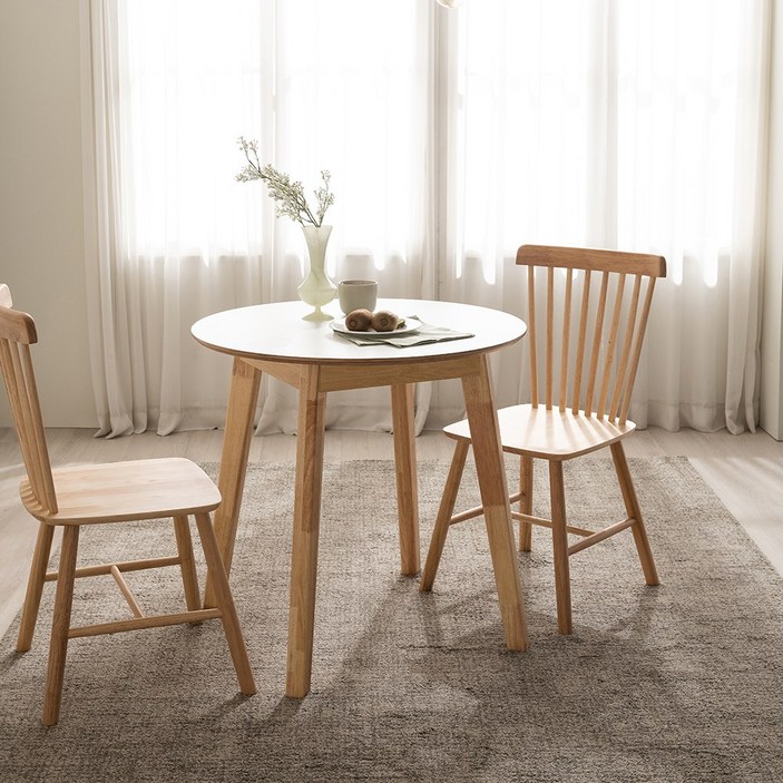 스페이스 원형 자작나무 원목 테이블, 화이트, 2인용
