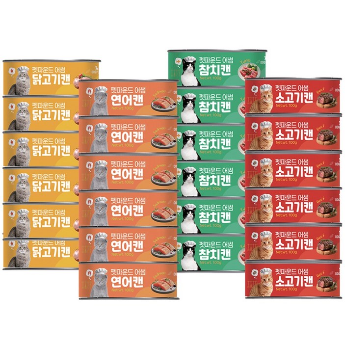 펫파운드 어썸 캔 고양이 습식간식 모음전, 24개, 100g, 4종콤보