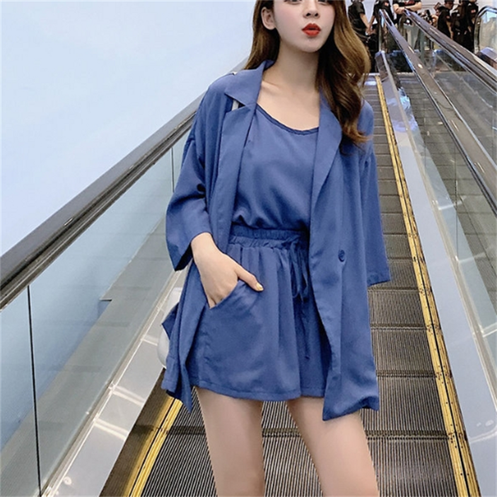POMTOR 여성 여름 캐주얼 루즈핏 세트 아우터 나시 반바지 3종세트