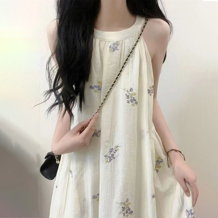 Asure 여름 여성 민소매 바캉스 원피스 롱 홀터넥원피스 A라인 비치