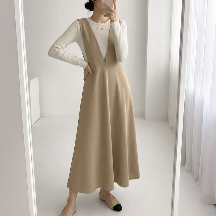 데일리앤 레딘 딥 브이넥 멜빵 플레어 뷔스티에 롱 원피스 봄 하객룩