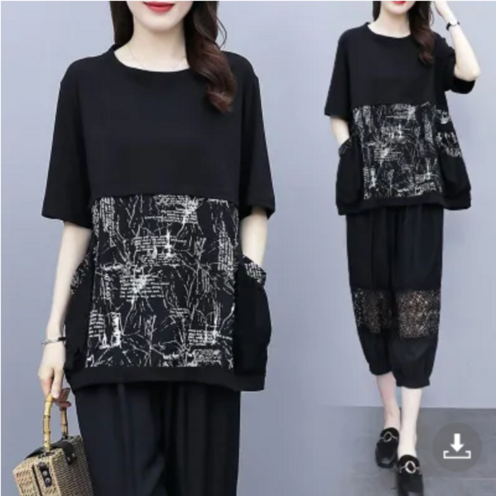 루루뷰티패션 중년여성 빅사이즈 여름 엄마 포켓티셔츠 혀리밴딩 린넨 7부바지 세트룩 KJK-3619